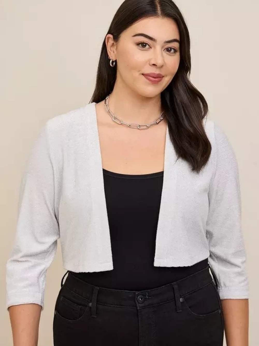 Shrug Cardigan Lurex Open Front Sweater (D6-10)